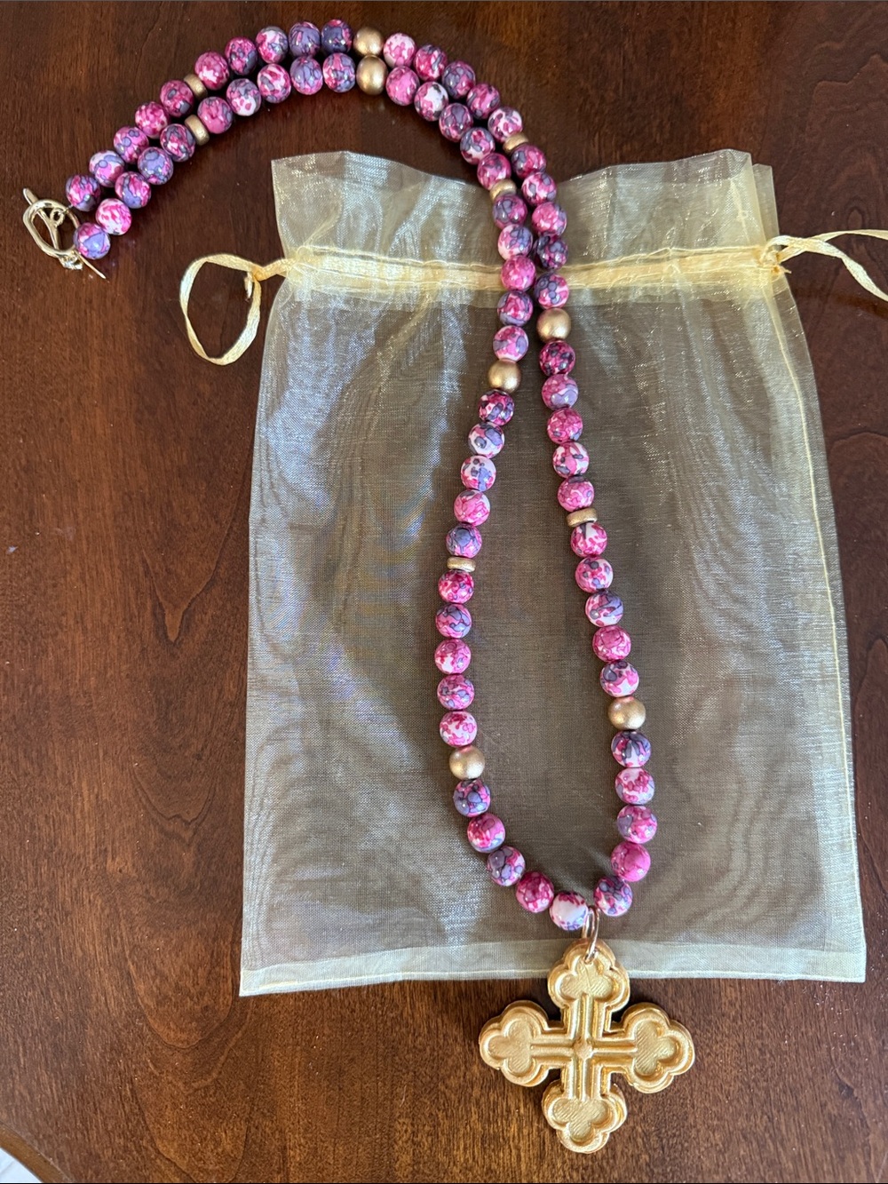 34” Pink and Purple Jasper Beads with Gold Cross Medallion